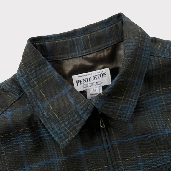 Vtg Pendleton Virgin Wool Zip Up Plaid Collared Shirt Navy & Dark Green Size M - Picture 3 of 8